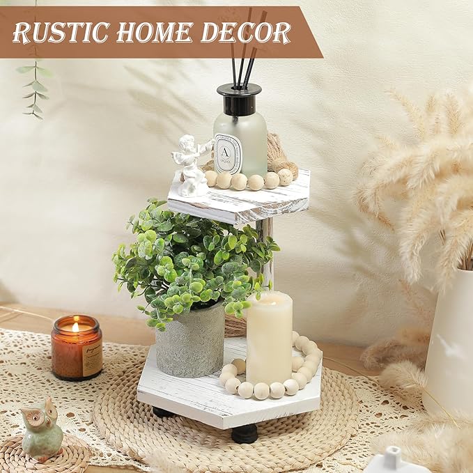 Tikea Hexagonal Wood Riser for Display, 2-Pack Wood Farmhouse Riser for Kitchen Bathroom Counter Decor, Decorative Tray for Soap Dispenser, Decorations and Plant