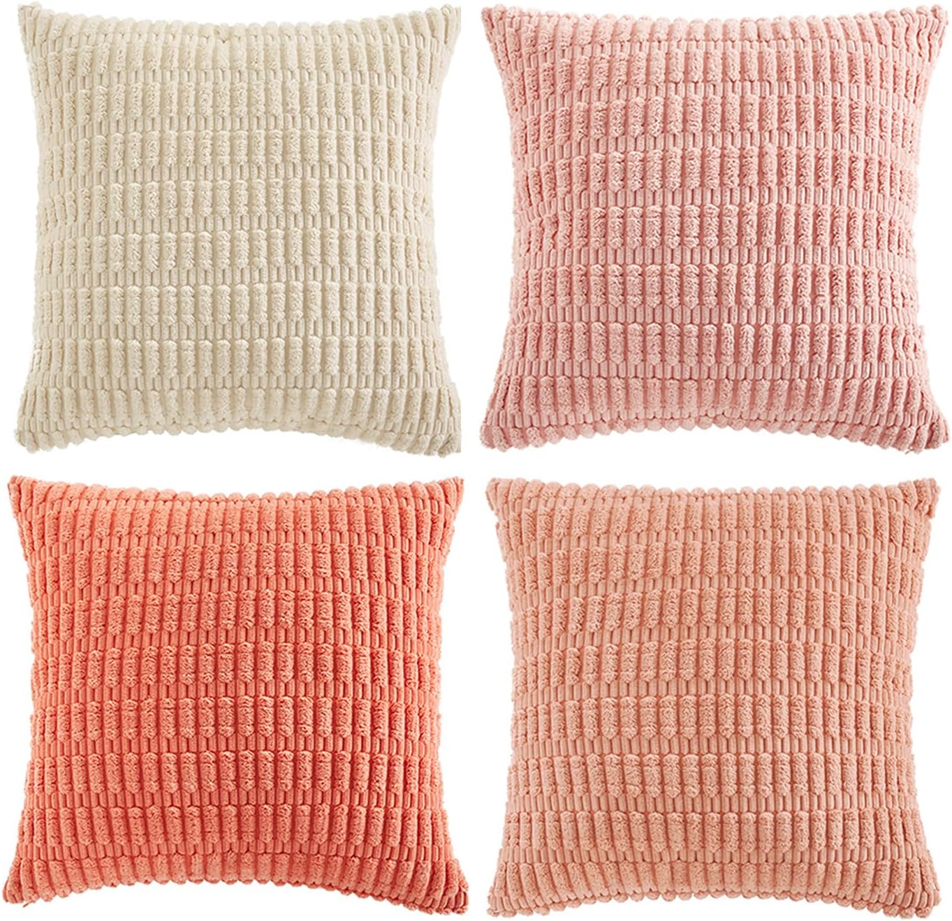 Fancy Homi 4 Packs Blush Pink Decorative Throw Pillow Covers 20x20 Inch for Living Room Couch Bed Sofa, Soft Plush Striped Corduroy Square Light Pink Coral Peach Cream Colorful Cushion Case 50x50 cm