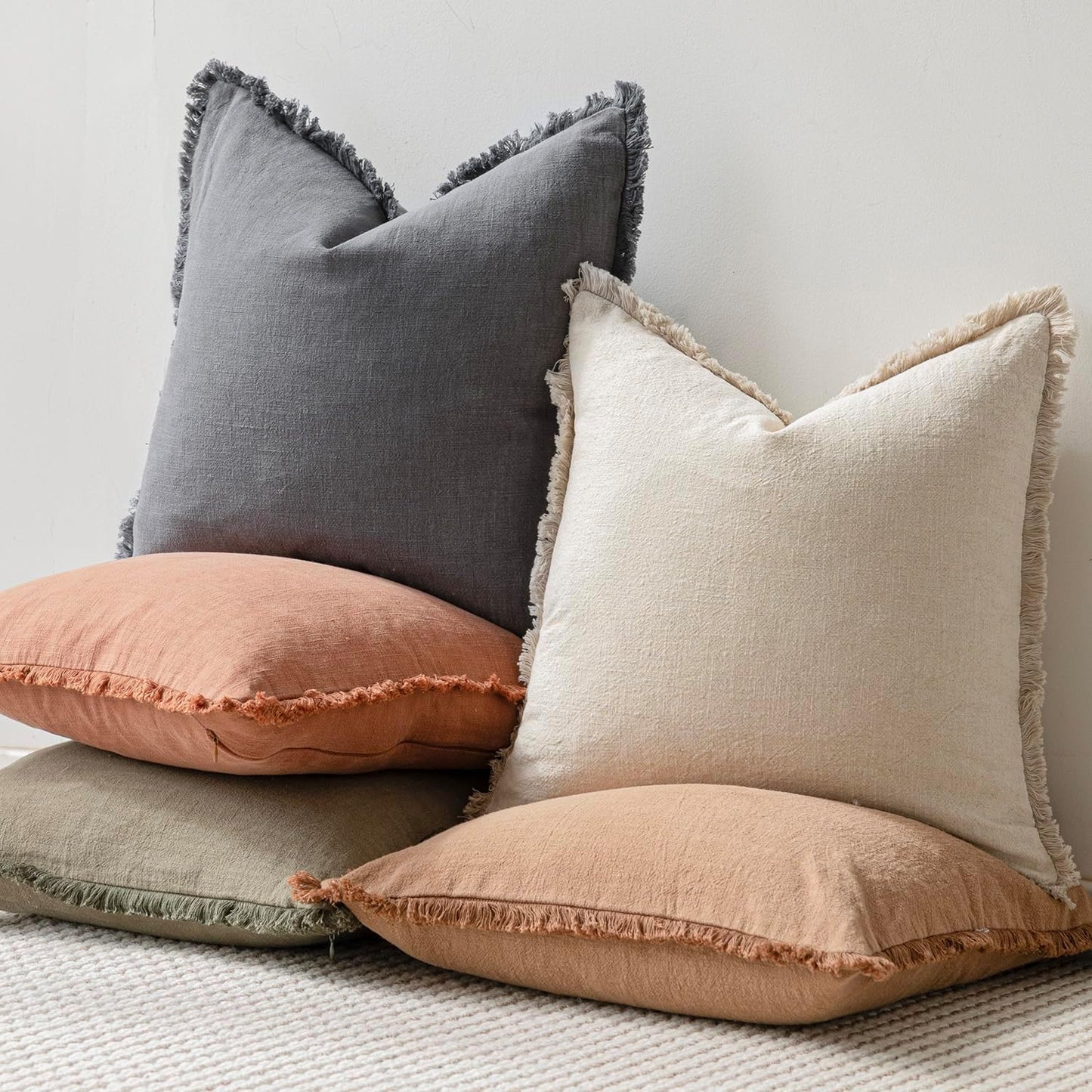 Foindtower Decorative Linen Fringe Throw Pillow Covers Cozy Boho Farmhouse Cushion Cover with Tassels Soft Accent Pillowcase for Chair Sofa Bed Living Room Home Decor, 24×24 Inch, 1PC, Gray