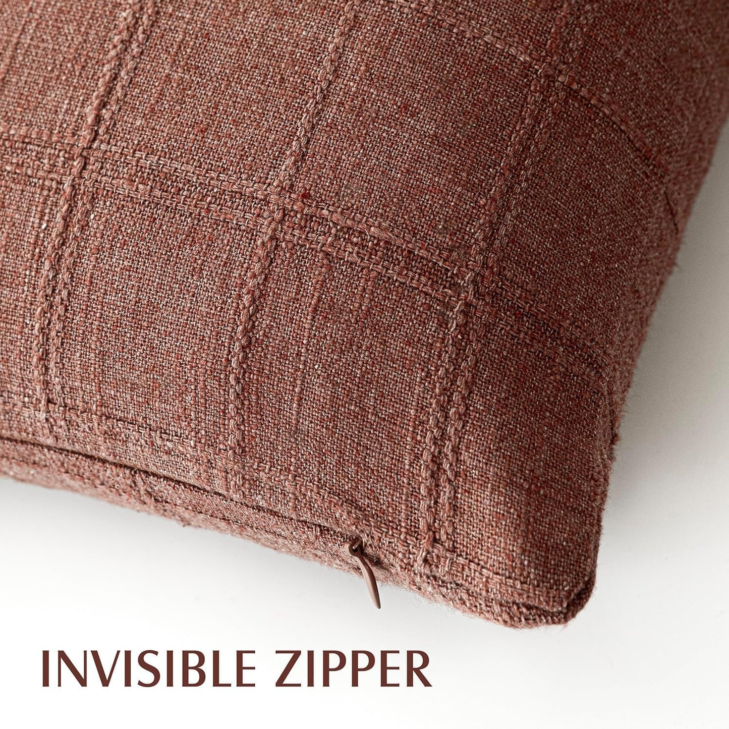 Foindtower Set of 2 Decorative Linen Check Throw Pillow Covers Neutral Farmhouse Vintage Cushion Covers Modern Boho Home Decor for Sofa Chair Couch Bedroom Living Room,24×24 Inch,Autumnal Red