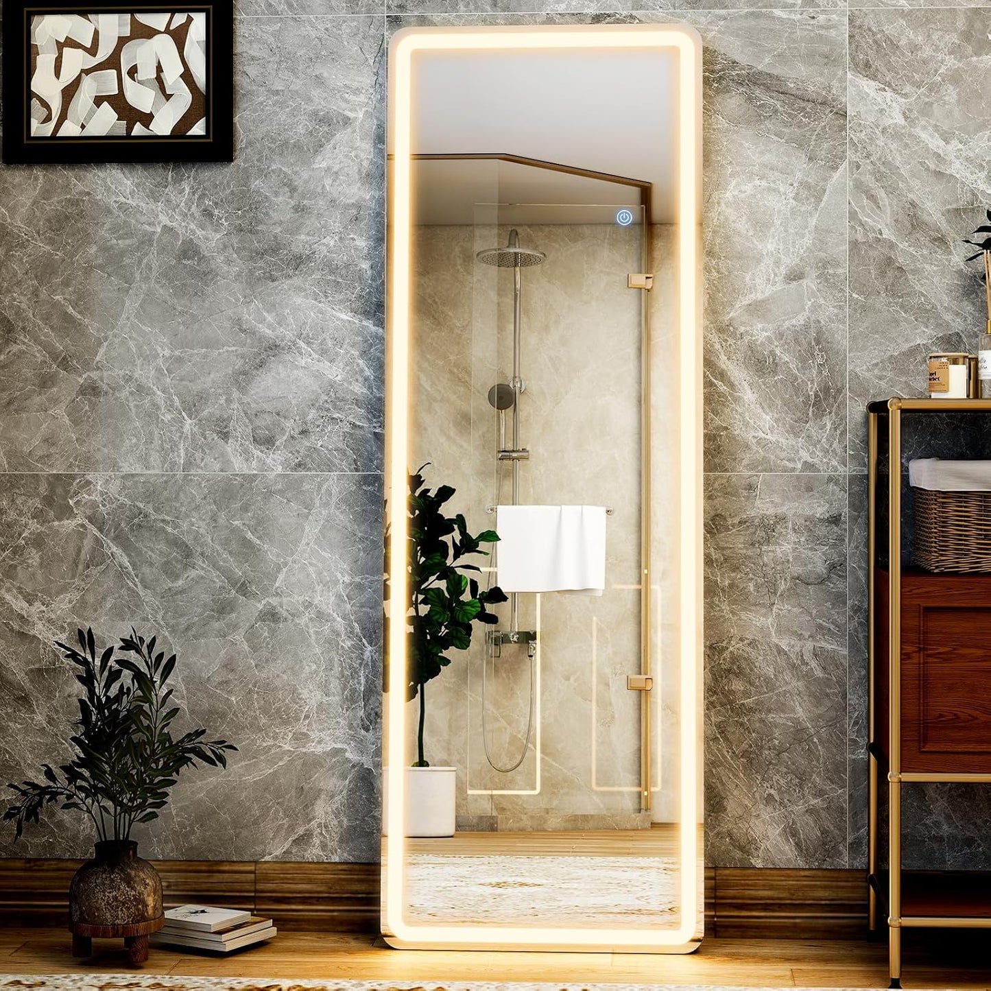 GLSLAND LED Full Length Mirror - 56" x 20" Floor Standing Mirror with Light for Bedroom/Cloakroom -Dimmable & 3 Color Lighting/Wall Mounted Full Body Mirrors