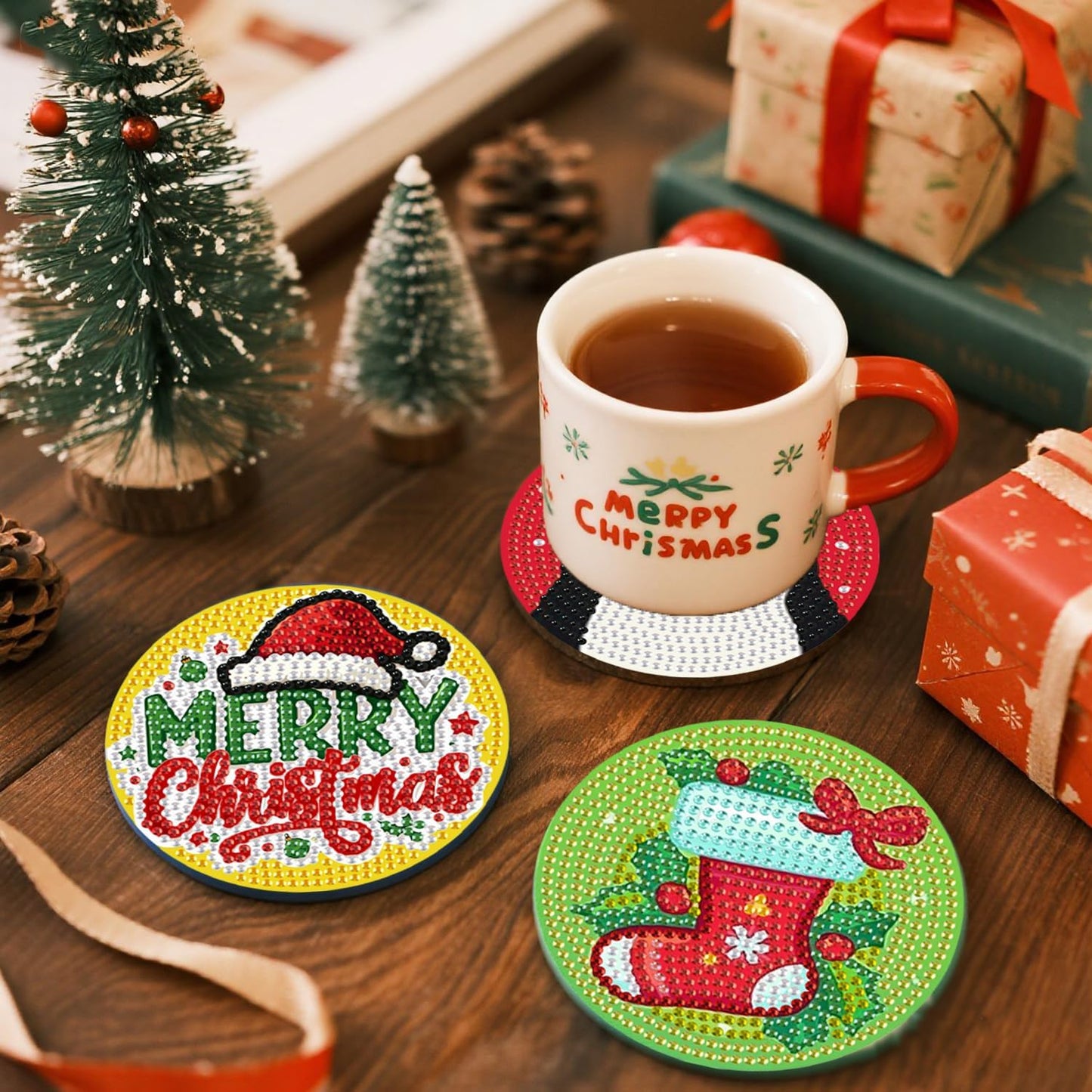 DOZEEZOP 6 PCS Christmas Diamond Art Coasters Kit, Diamond Painting Coasters with Holder, Fall Diamond Art Kits for Adults Beginners, Arts and Crafts Supplies Cute Cartoon