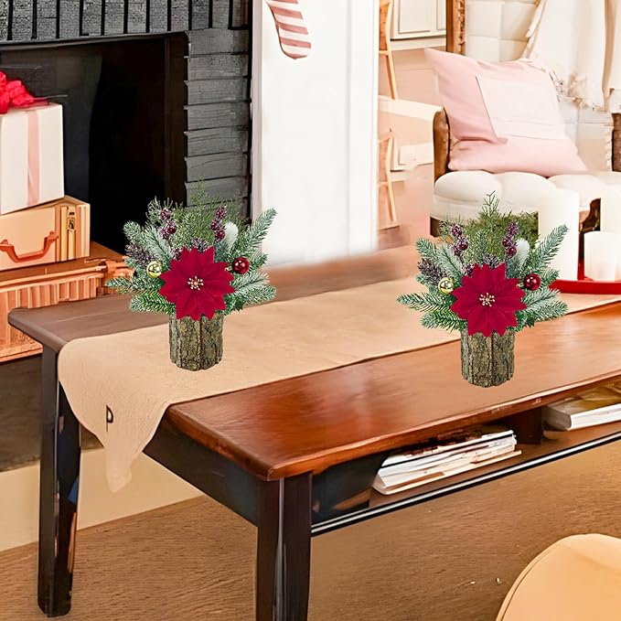 TORONTOKYO 2 Pack Small Christmas Tree, Artificial Tabletop Snowny Mini Christmas Tree Small Fake Plants with Red Poinsettia Berries Balls Pine Cones for Christmas Home Office Desk Party Decorations