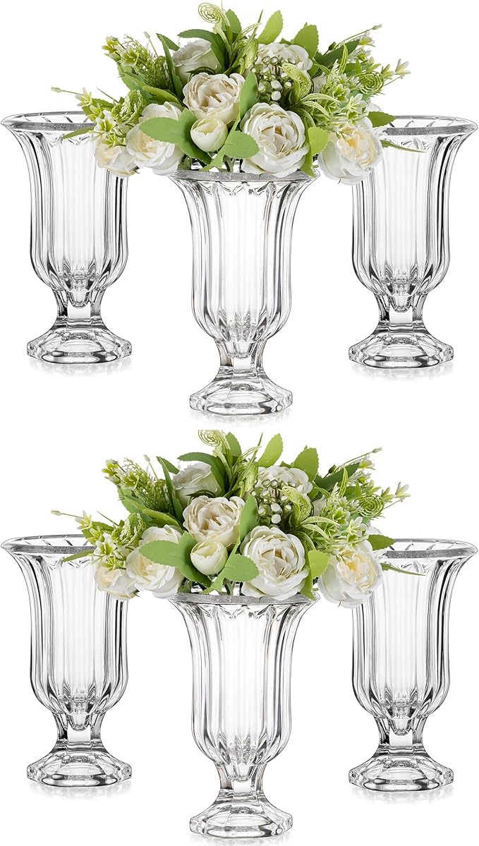 Glasseam Crystal Vases for Flowers, 7.5in Tall Vase Set of 6, Clear Glass Compote Vases and Ribbed Pedestal Bowls for Living Room Decorations Dining Table Home Decor