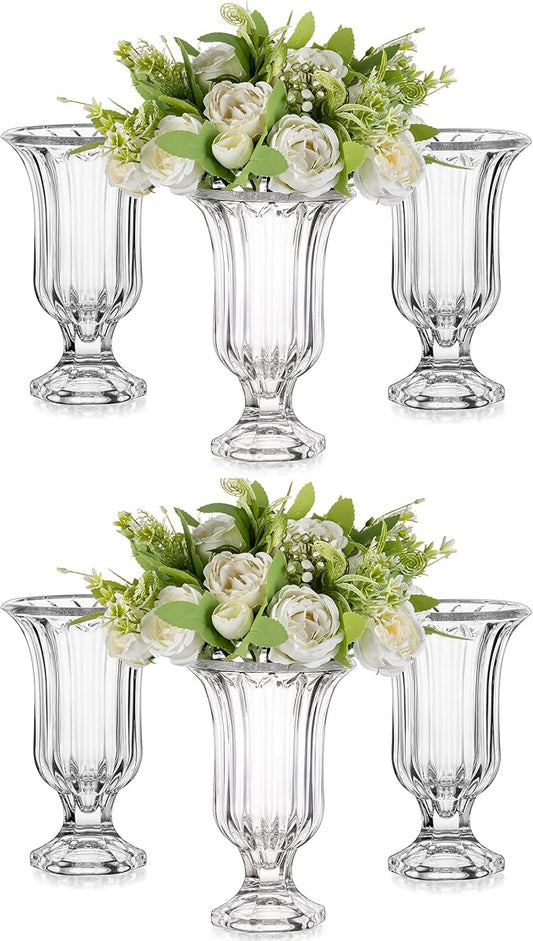 Glasseam Crystal Vases for Flowers, 7.5in Tall Vase Set of 6, Clear Glass Compote Vases and Ribbed Pedestal Bowls for Living Room Decorations Dining Table Home Decor