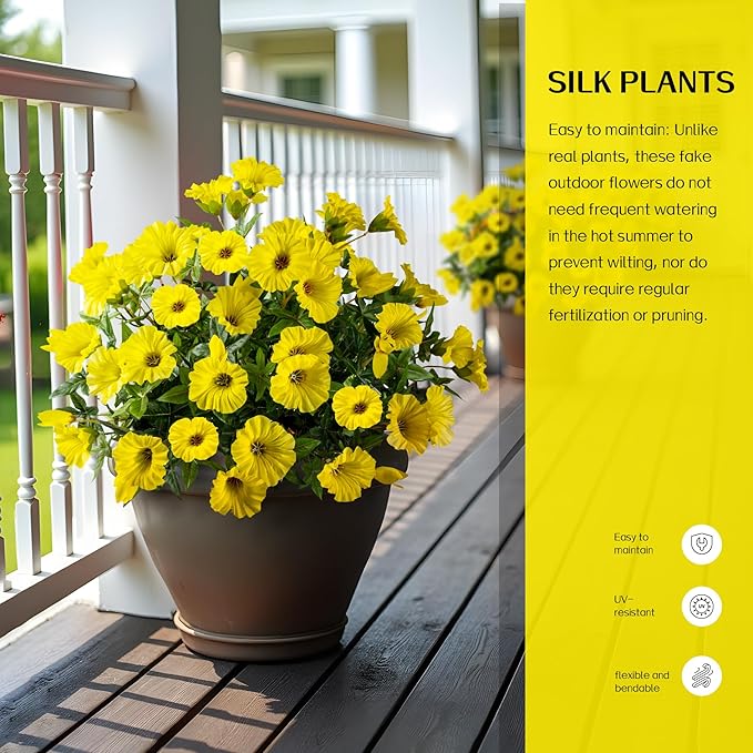 UV Resistant Artificial Petunias 4PCS Fake Flowers 13.3In Artificial Flowers for Outdoors Silk Flowers Fake Hanging Basket Plants Suitable for Outdoor Porch Decoration Patio Decor (Yellow)