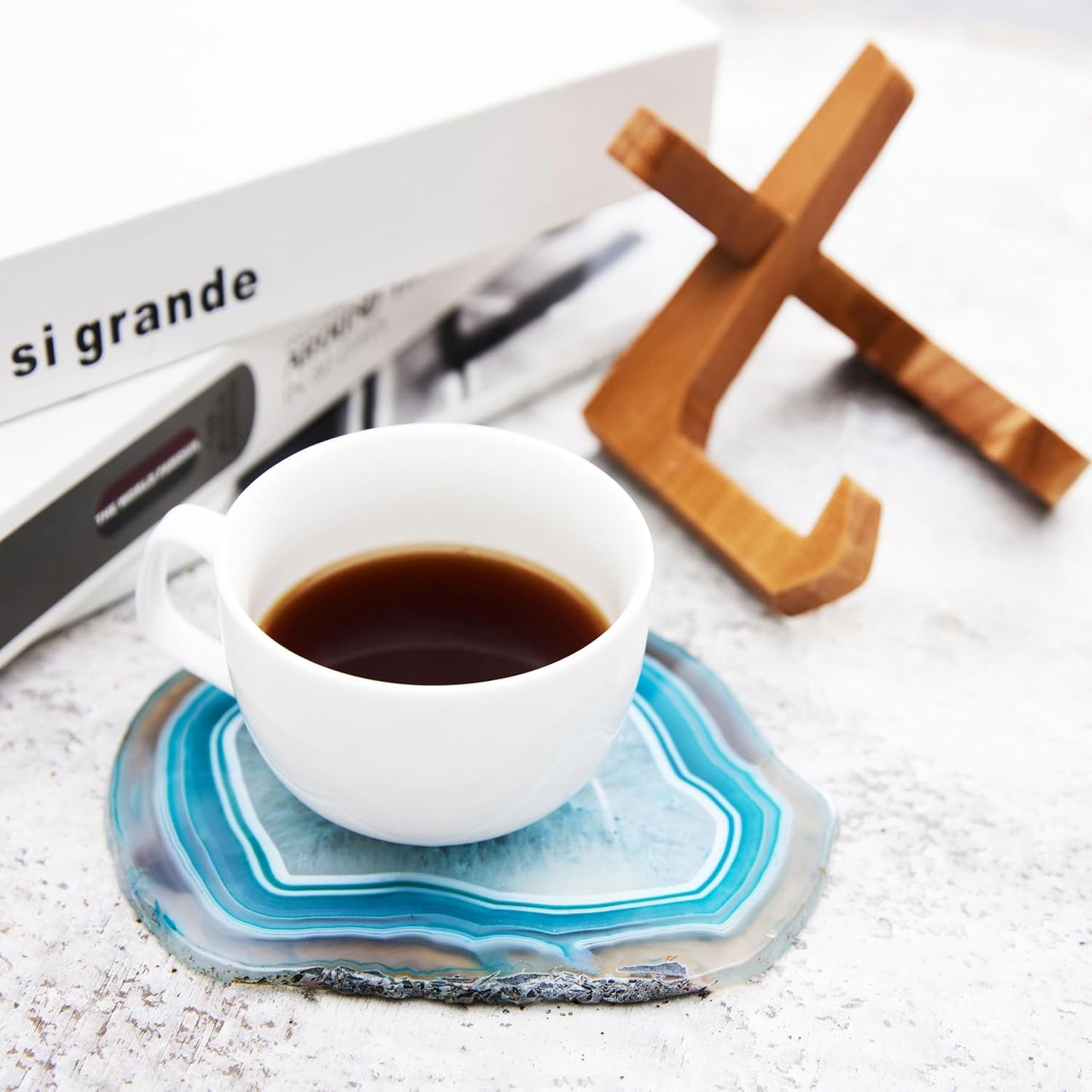 Luxury Lane Large Natural Brazilian Agate Slice Geode Rock Stone Drink Coaster with Wood Holder 4.7-5.5 inch Centerpiece Table Decoration, Teal