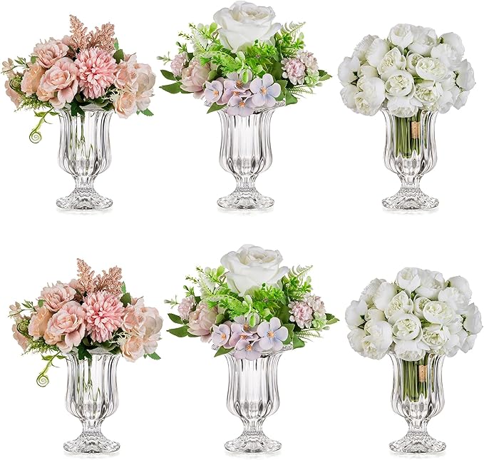 Glasseam Compote Flower Vase Set of 6, Small Pedestal Vases for Centerpieces, Crystal Clear Glass Vases for Flowers, Ribbed Decorative Vase Decor Footed Urn for Dining Table Decoration, 5.7in