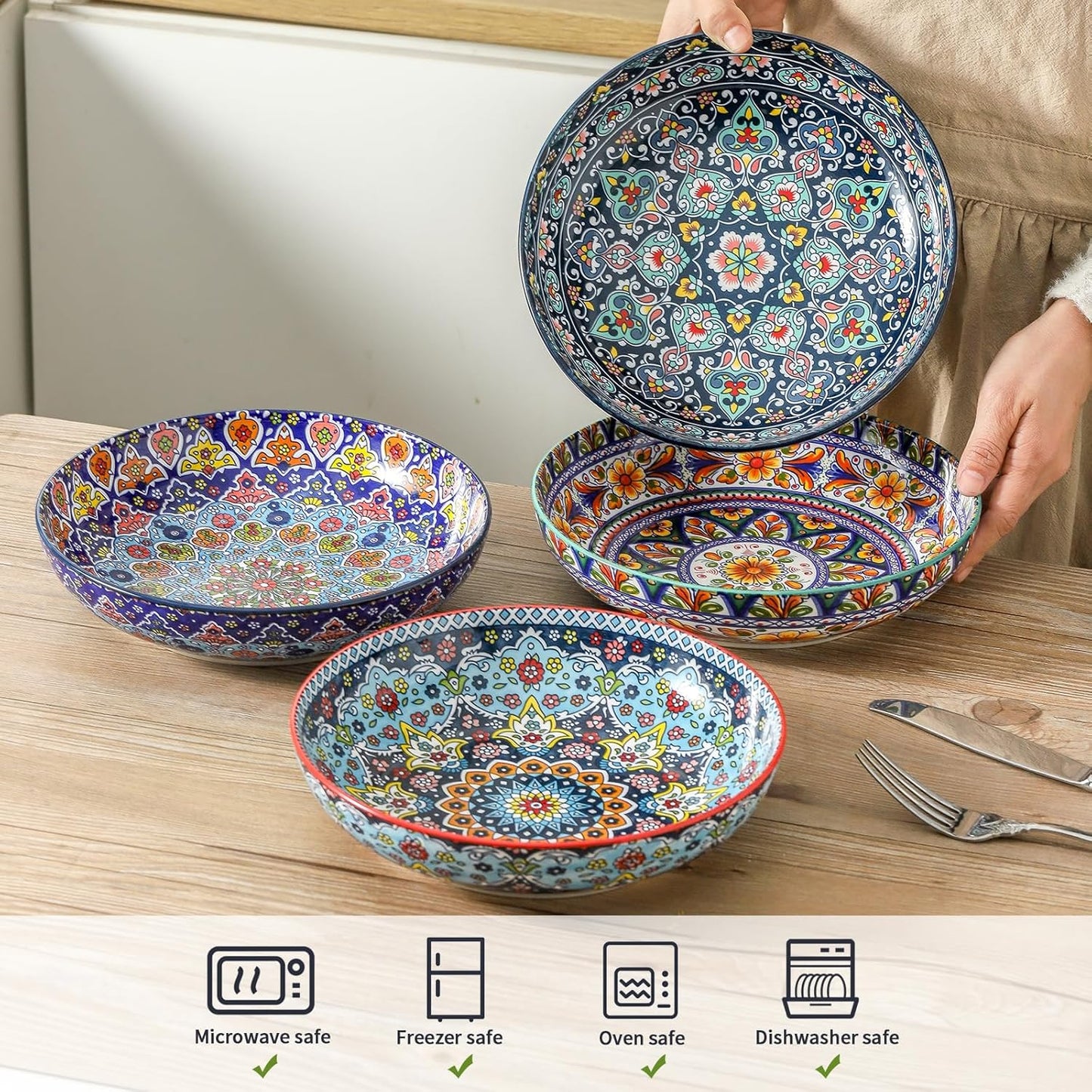 glowworm Pasta Bowls Set of 4, 42 oz Ceramic Salad Bowls for Kitchen, Large Serving Bowls for Ramen, Fruit, Housewarming Gift, Dishwasher & Microwave Safe, Bohemian