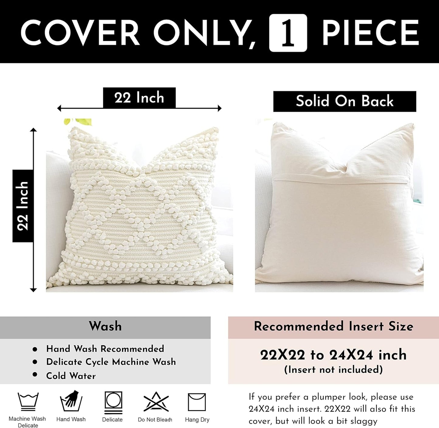 BlissBlush Pure White Decorative Throw Pillow Cover 22X22, Boho Accent Pillow for Couch, Square Modern Farmhouse Pillowcase for Living Room Couch Sofa Cushion Home Décor (Pack of 1)