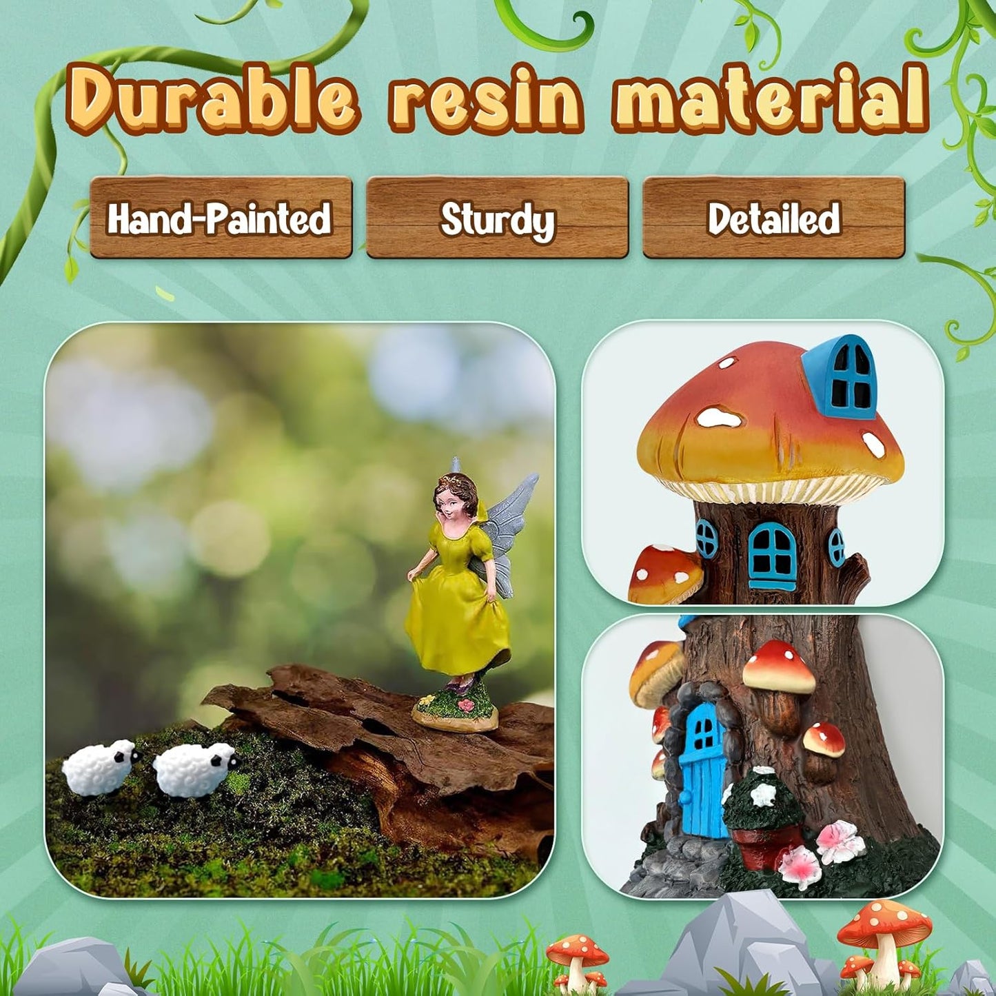 DONABELA Fairy Garden Kit Small Mushroom House Miniature Animals Figurines Accessories Outdoor Tiny Decor for Kids 18 PCS