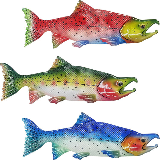 Metal Fish Wall Decor Outdoor Colorful Fish Coastal Ocean Sea Wall Art Sculptures Hanging Decorations for Bedroom, Living Room, Garden, Fence, Patio Set of 3