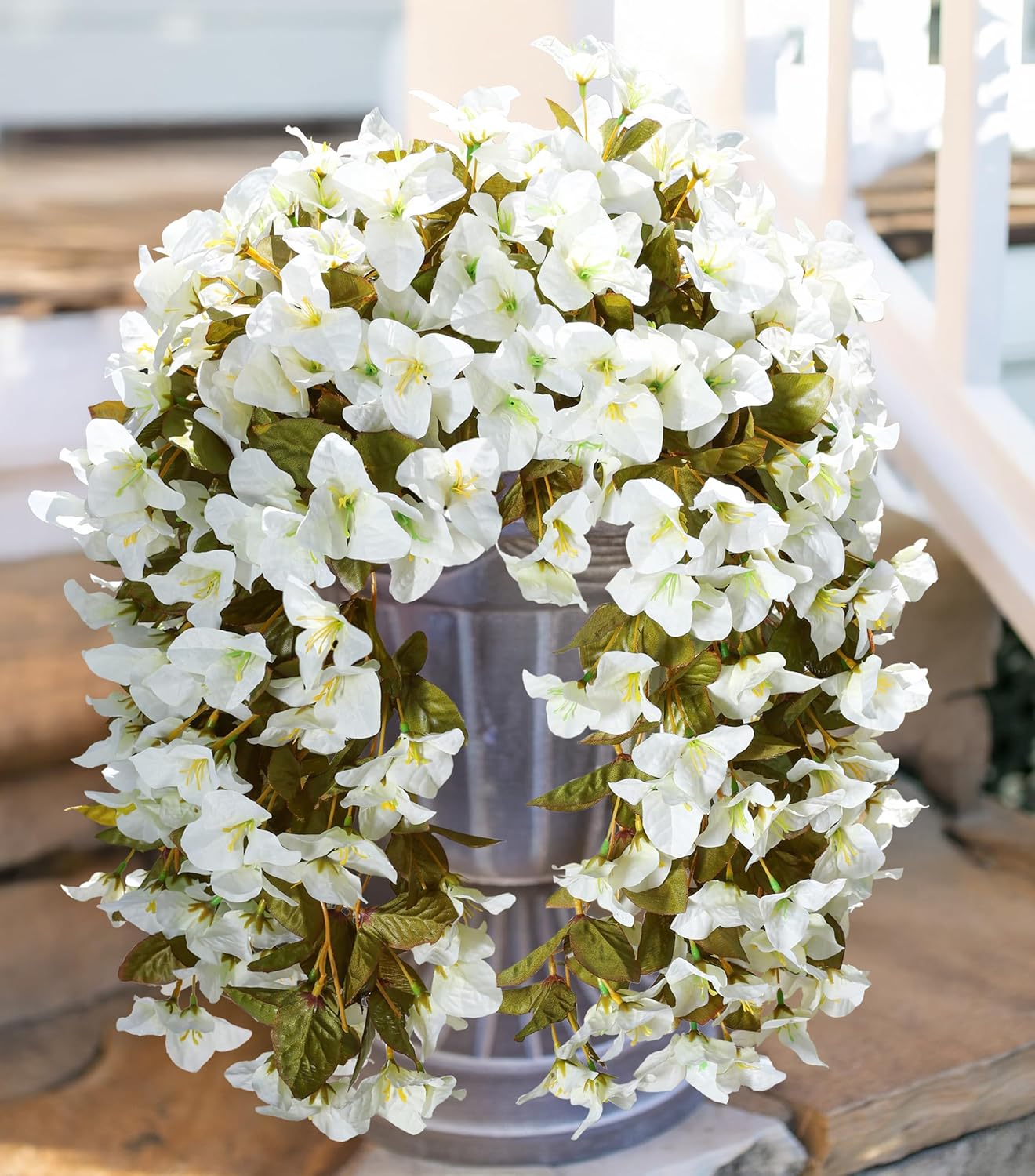 HyeFlora Bougainvillea Artificial Hanging Flowers Plants for Outdoors Winter Decoration, 2pcs Faux Bougainvillea Vines White Fake Flowers Realistic UV Resistant Silk Flowers for Outside Planter Yard