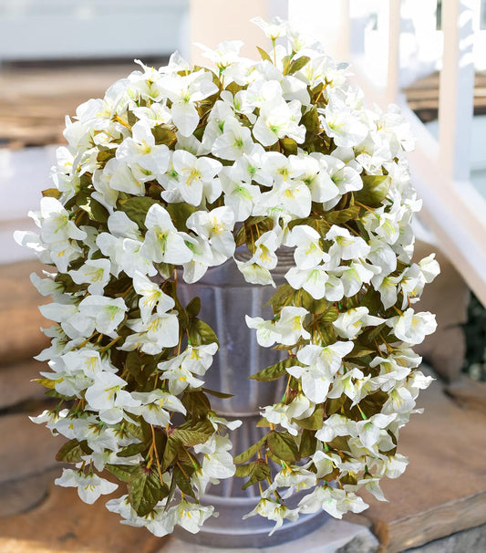 HyeFlora Bougainvillea Artificial Hanging Flowers Plants for Outdoors Winter Decoration, 2pcs Faux Bougainvillea Vines White Fake Flowers Realistic UV Resistant Silk Flowers for Outside Planter Yard