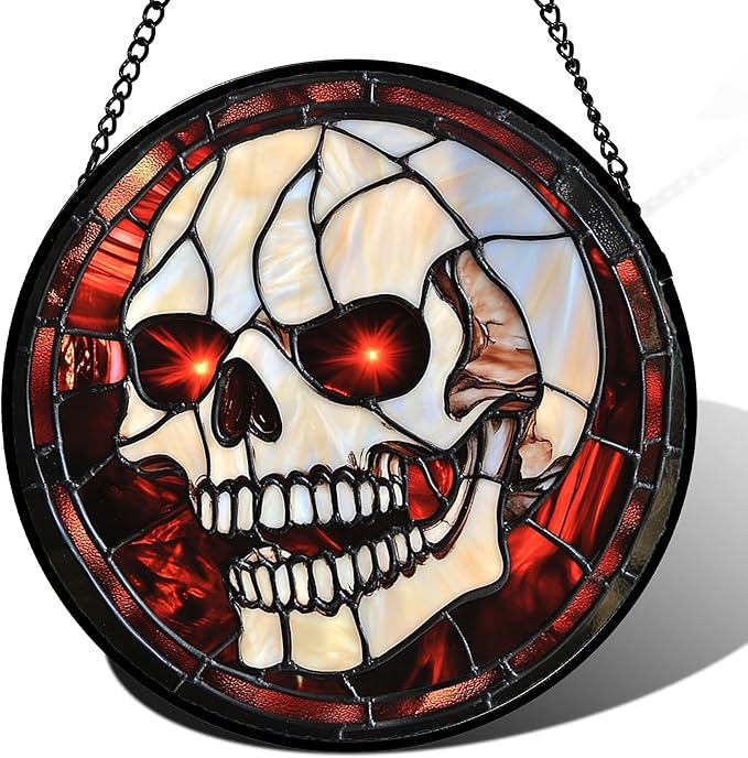 Stained Glass Window Hanging - Halloween Decorations White Skeleton Suncatcher for Doors Garden Indoor Spooky Funny Red Sun Catchers Gothic Decor Horror Gifts for Women Men Friend 15 in
