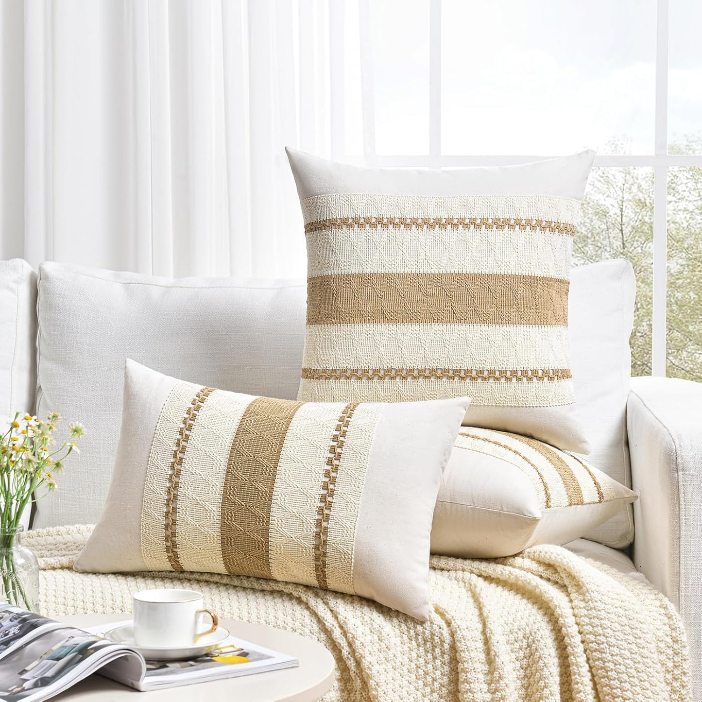 Fancy Homi Set of 1 Neutral Tan Lumbar Decorative Throw Pillow Cover 12x20 Inch for Couch Bed Sofa Chair, Modern Organic Farmhouse Boho Home Decor, Soft Cotton Cute Accent Taupe Rectangle Cushion Case