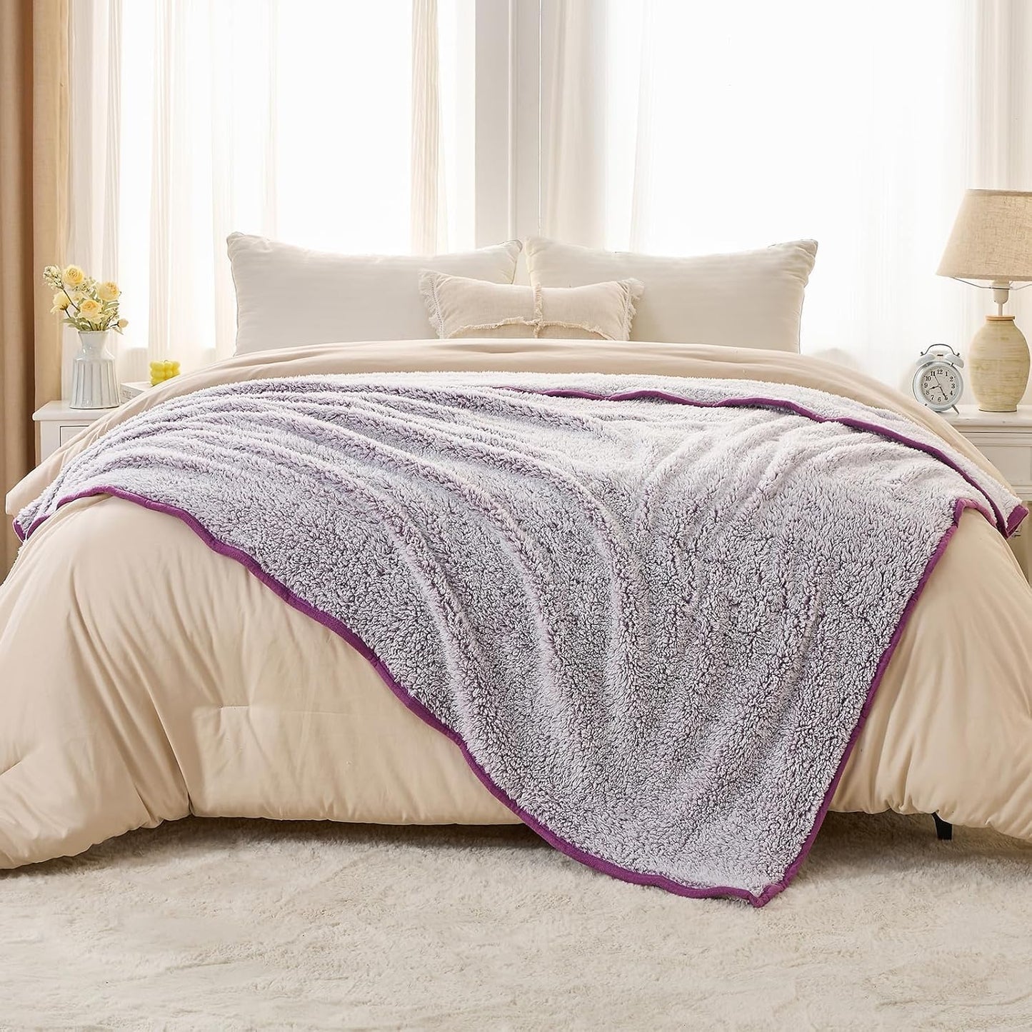 EMME Soft Sherpa Fleece Blanket Reversible Plush Fluffy Large Blanket, Light Weight Warm Decorative Boho Blanket Cover for Sofa, Couch, Bedroom,Travel(Plush Purple,50"x60")