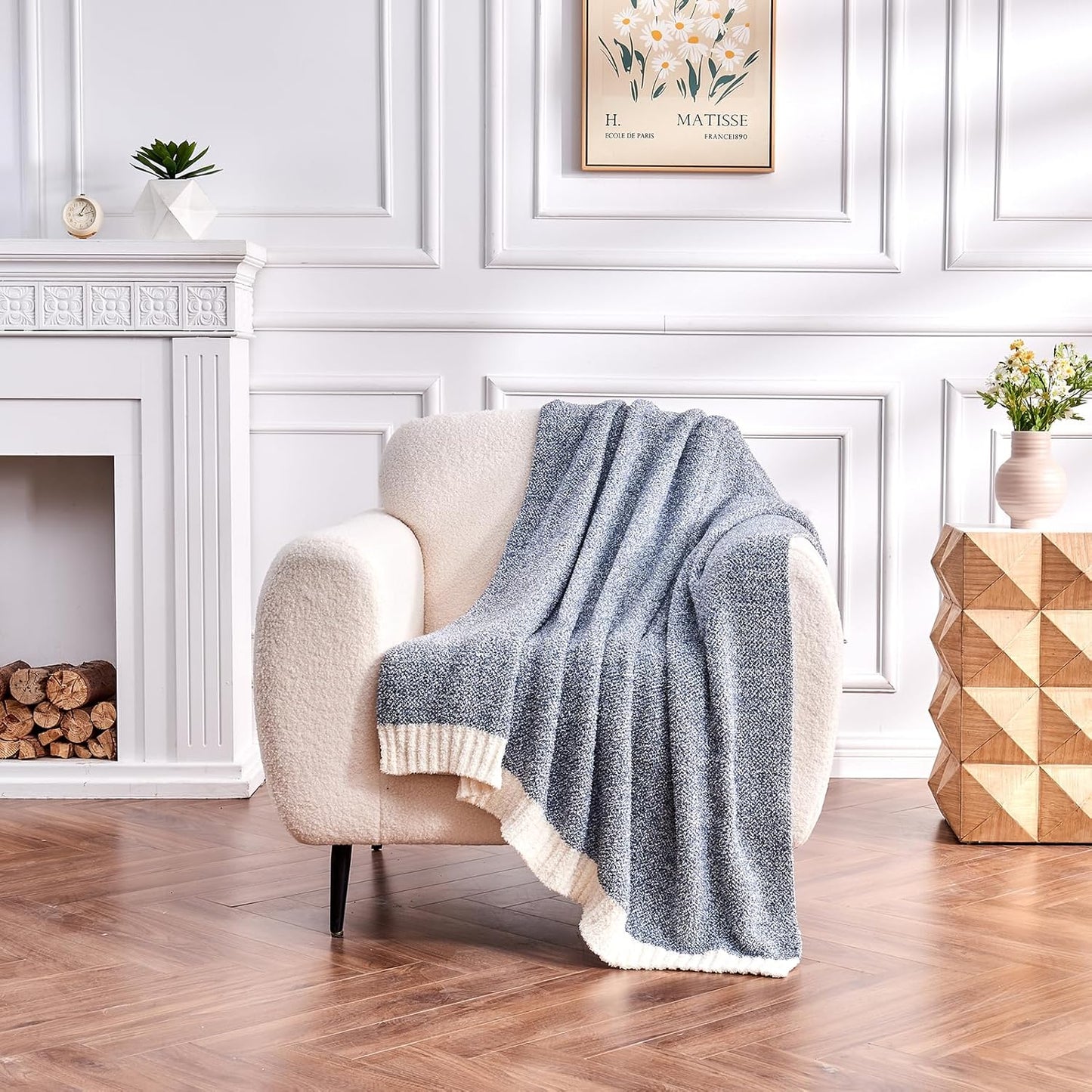 CozeCube Super Soft Fullfy Microfiber Reversible Knitted Blankets, Warm Cozy Fuzzy Plush Throw, Dusty Blue and White Melange Throw Blanket for Couch Bed Sofa, 60" x 80"