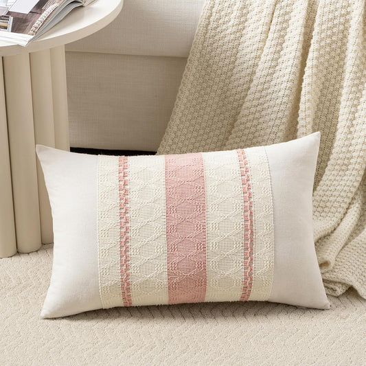 Fancy Homi Set of 1 Boho Pink Lumbar Decorative Throw Pillow Cover 12x20 Inch for Couch Bed Sofa Chair, Modern Organic Farmhouse Home Decor, Soft Cotton Cute Accent Rectangle Cushion Case