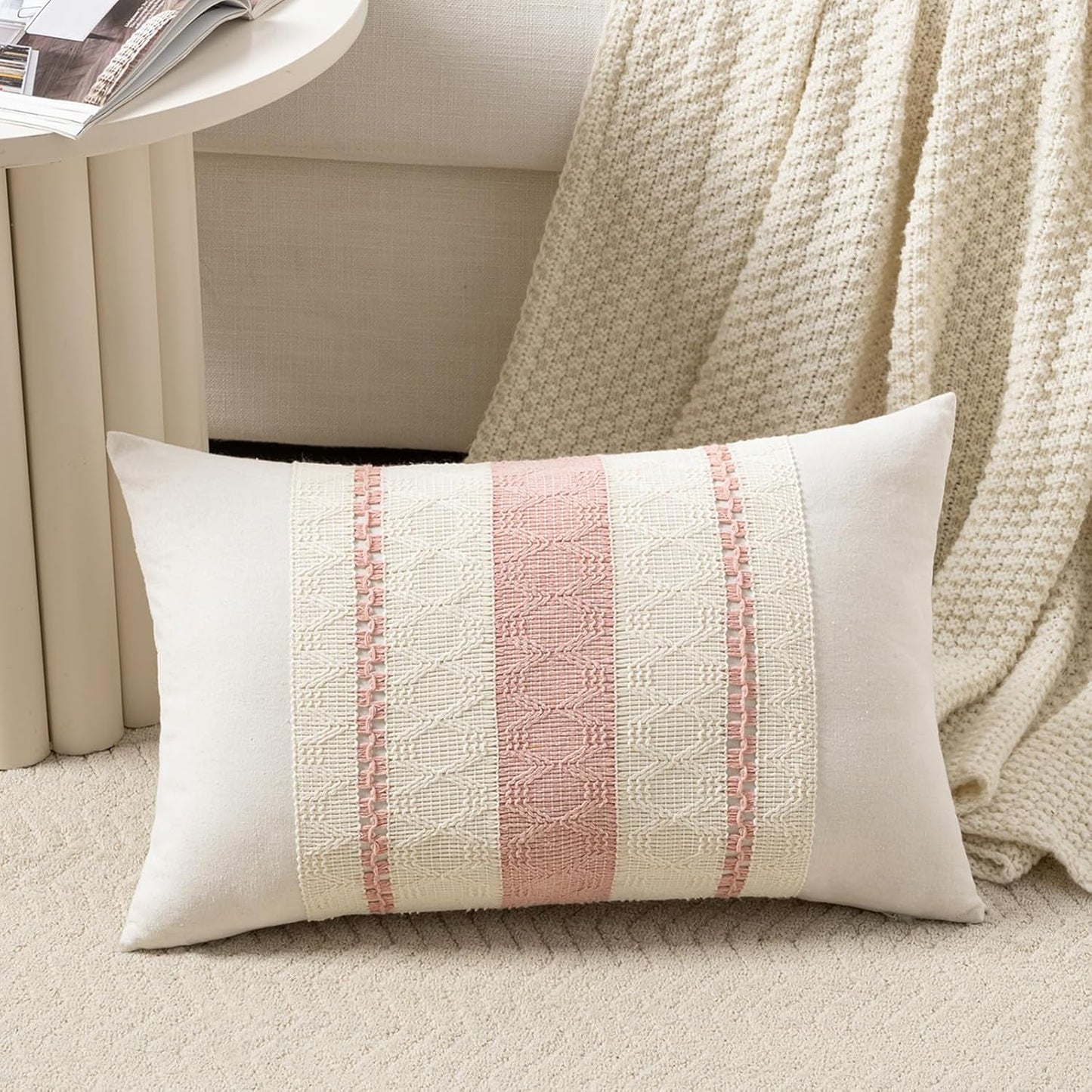 Fancy Homi Set of 1 Boho Pink Long Lumbar Decorative Throw Pillow Cover 14x24 Inch for Couch Bed Sofa Chair, Modern Organic Farmhouse Home Decor, Soft Cotton Cute Accent Rectangle Cushion Case