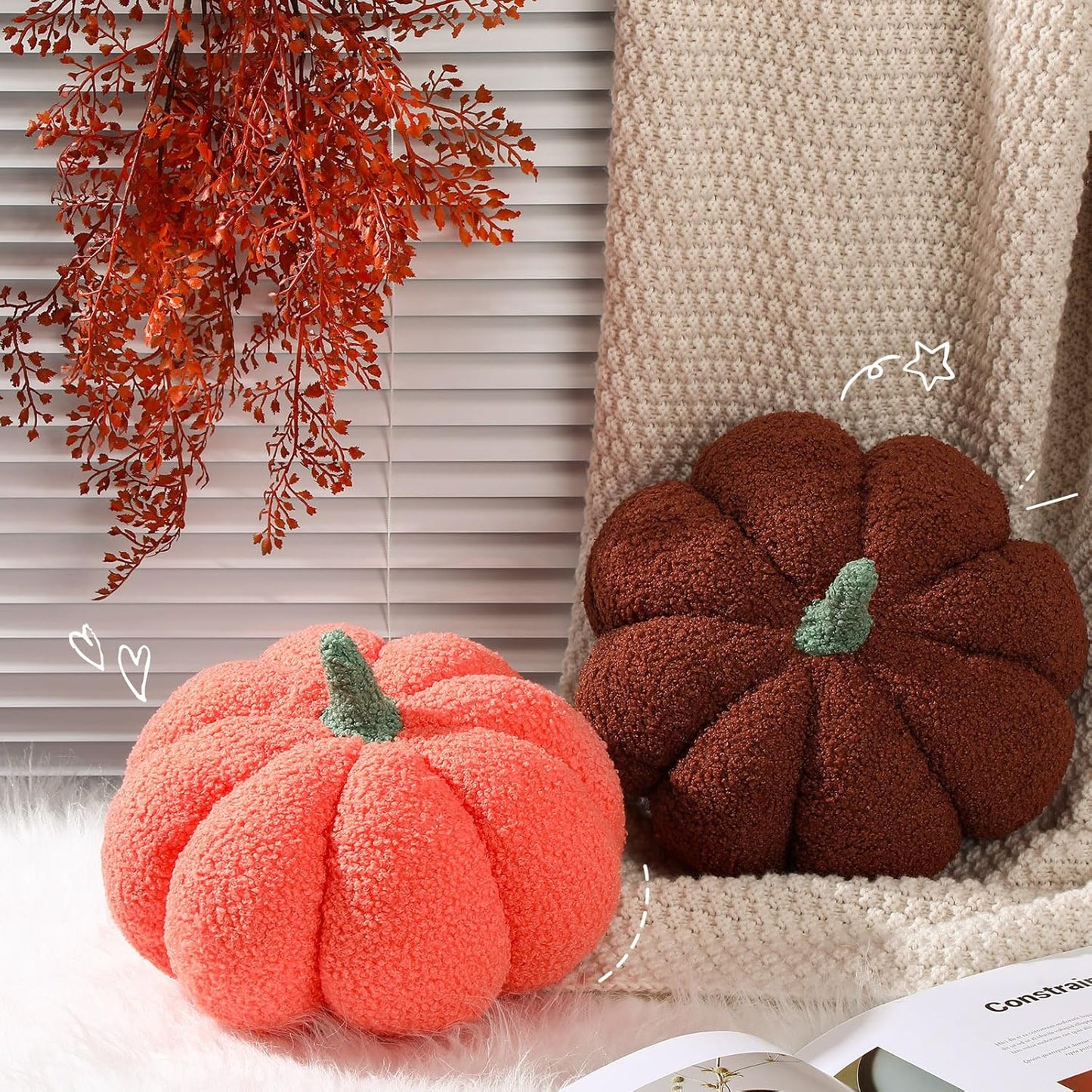 Kajaia 2 Pcs Simulated Pumpkin Pillow Plush 11 x 9.5 Inch 3D Cushion Fall Decorations Stuffed Throw Pillows Toy for Thanksgiving Christmas Halloween Bedroom Sofa Couch Supplies (Orange,Brown)