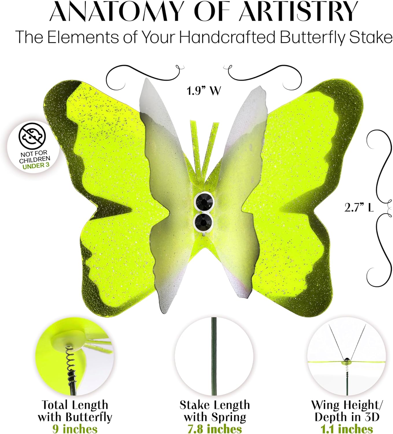 Handmade Butterfly Garden Stakes – Set of 7 Yellow Decorative Butterflies Idea for Garden & Nature Lovers – Outdoor & Indoor Garden Decor – Air Aquarium Handmade by Kushner