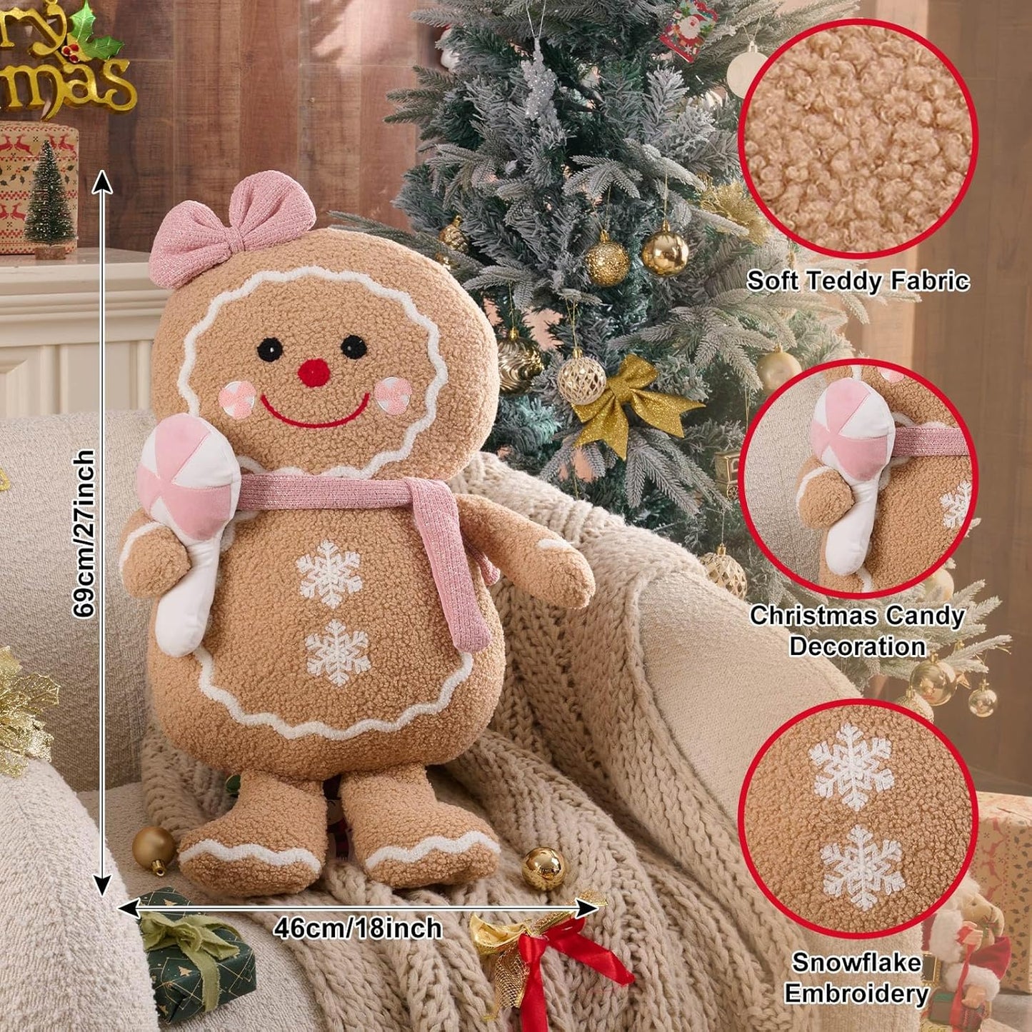 Lanpn Christmas Gingerbread Girl Pillow, Christmas Decoration Winter Throw Pillows Soft Fleece Sherpa Cute 3D Shaped Ginger Bread Lady Throw Cushion for Sofa Bedroom Xmas Decor (18x27 inch)