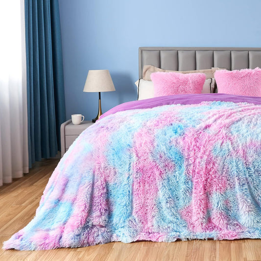 GONAAP Fuzzy Faux Fur Throw Blanket Queen Size Purple Rainbow Super Soft Cozy Plush Fuzzy Shaggy Blanket for Couch Sofa Bed (Purple Rainbow, Queen(90"x90"))