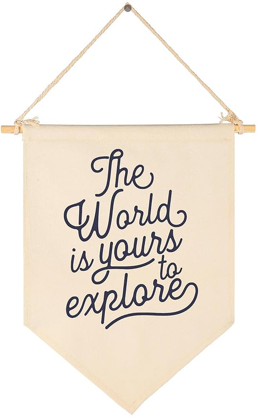 The World Is Yours To Explore-Adventure Flag Sign Gifts for Baby Newborn Boys Girls Kids-Banner Wall Decor Gifts for Nursery Bedroom Playroom Front Door-Baby Gift Shower-New Home Gift