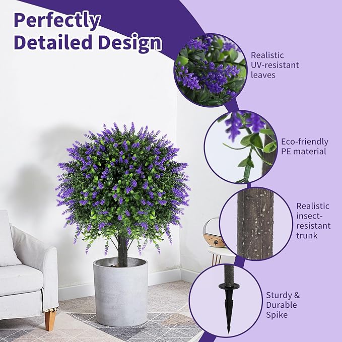 27.2" Artificial Lavender Topiary Set of 2 with Spike, Fake Plants Boxwood Balls Greenery Shrubs , Uv Resistant Artificial Push in Flowers Bushes for Outdoor Front Porch Decor, Home Faux Plants Indoor