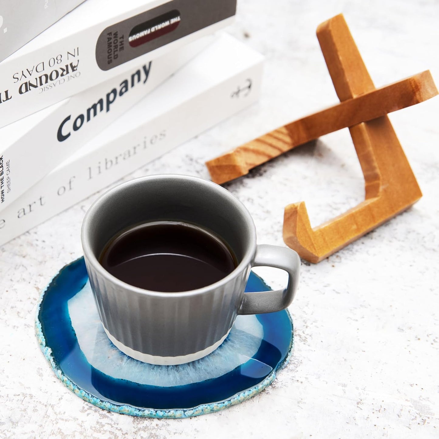 Luxury Lane Large Natural Brazilian Agate Slice Geode Rock Stone Drink Coaster with Wood Holder 4.7-5.5 inch Centerpiece Table Decoration, Ocean Blue