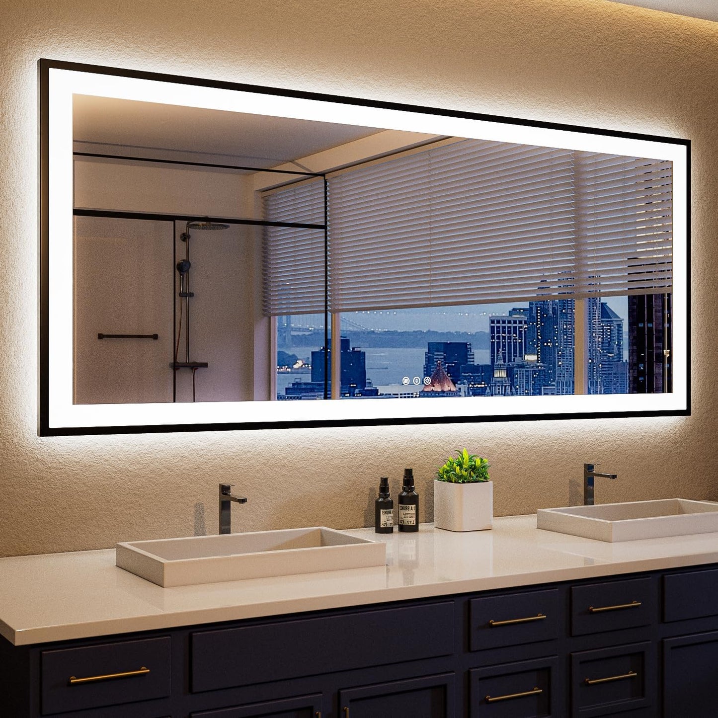 ISKM Framed LED Mirror for Bathroom 60"x28", Dimmable LED Bathroom Mirror with Lights, Anti-Fog, Front and Backlit Lighted Mirror 3-Colors, Shatterproof, Memory Function