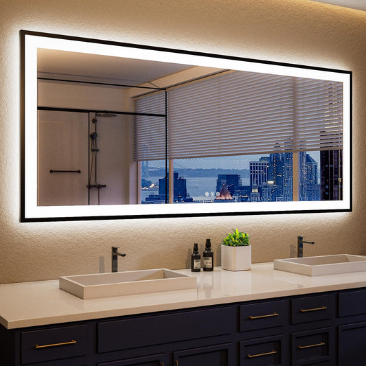 ISKM Framed LED Mirror for Bathroom 60"x28", Dimmable LED Bathroom Mirror with Lights, Anti-Fog, Front and Backlit Lighted Mirror 3-Colors, Shatterproof, Memory Function