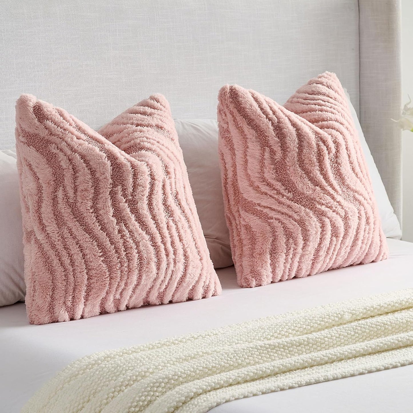 FUTEI Pink Decorative Throw Pillow Covers 12x20 Inch Set of 2,Soft Faux Fur Geometric Shapes Texture Pillowcase,Boho Home Decor for Couch Bed Living Room