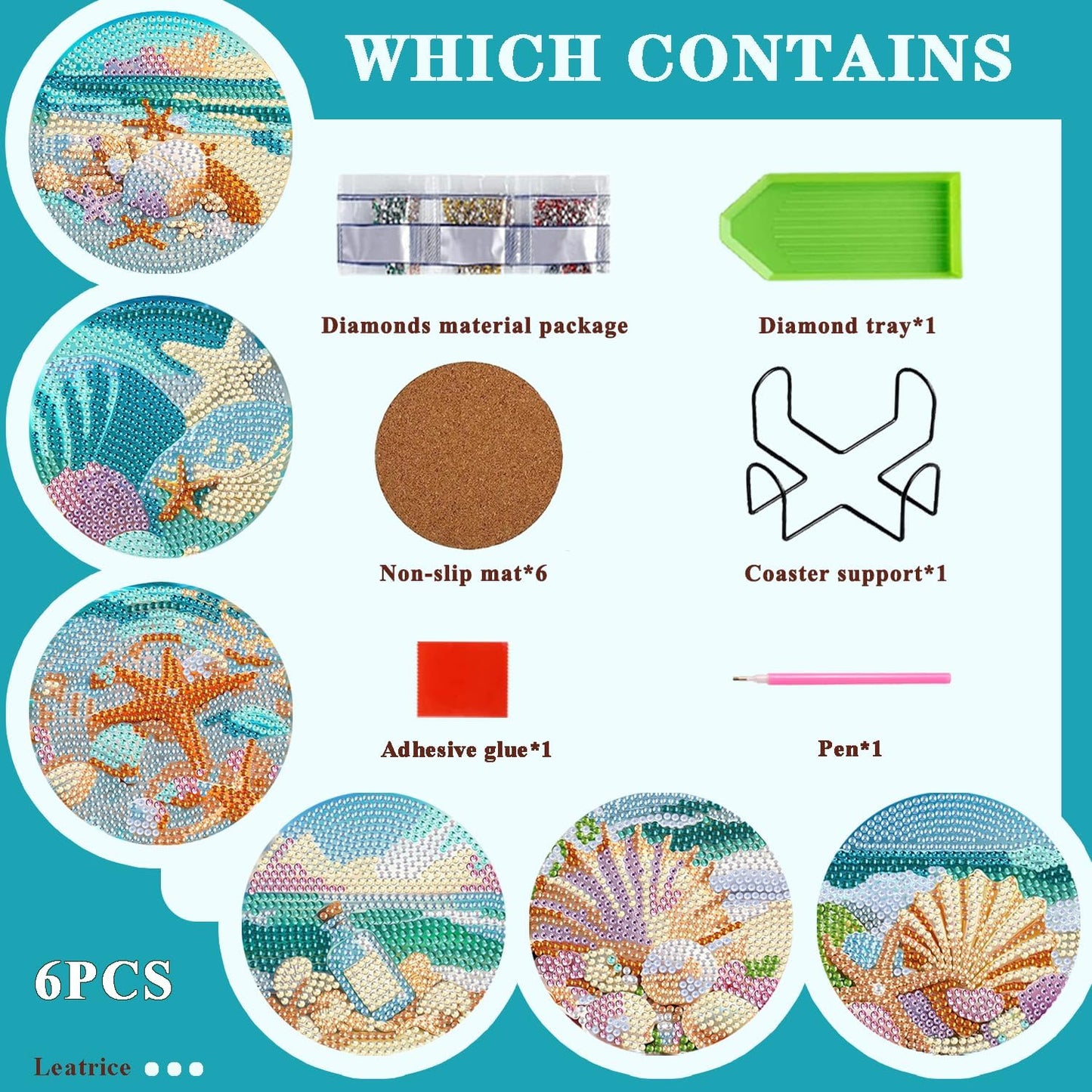 Leatrice Ocean Diamond Art Coasters Set of 6, Small Diamond Painting Kits for Adults Beginners Women, Gem Art Coasters with Holder, Funny Arts Supplies for Kitchen Decor