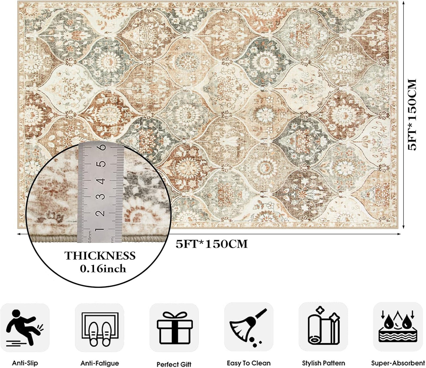 Lahome Moroccan Trellis Washable Small Area Rug, 3x5 Black Rug for Bedroom Living Room, Non-Slip Oriental Accent Throw Carpet for Kitchen Office Entryway Bathroom Office, Khaki