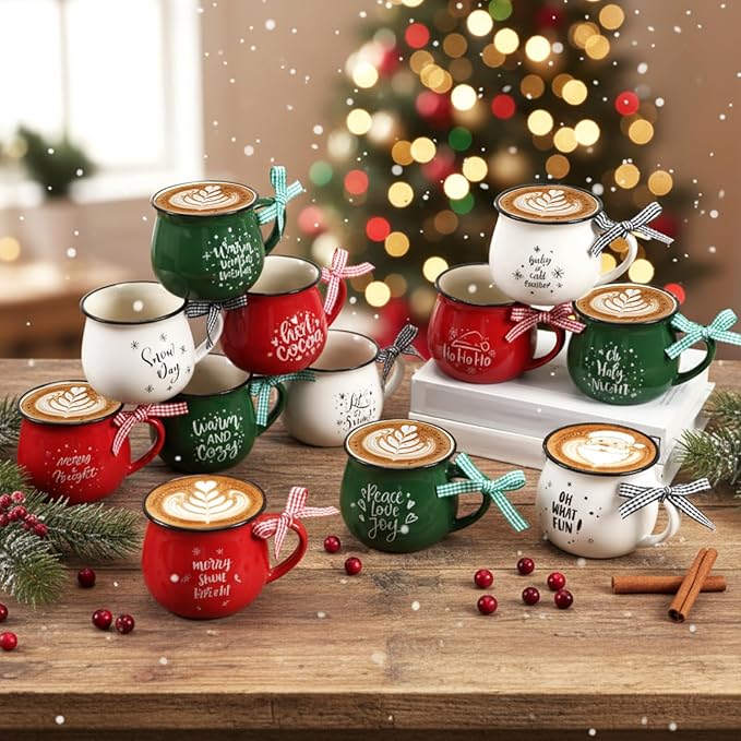 Zubebe Christmas Coffee Mugs Set of 12, 12 oz Hot Cocoa Ceramic Holiday Mugs Set for Mom, Woman, Family, Friend - Farmhouse Tiered Tray Decor, Coffee Bar Decor(Dark Green, Red, White,Classic)