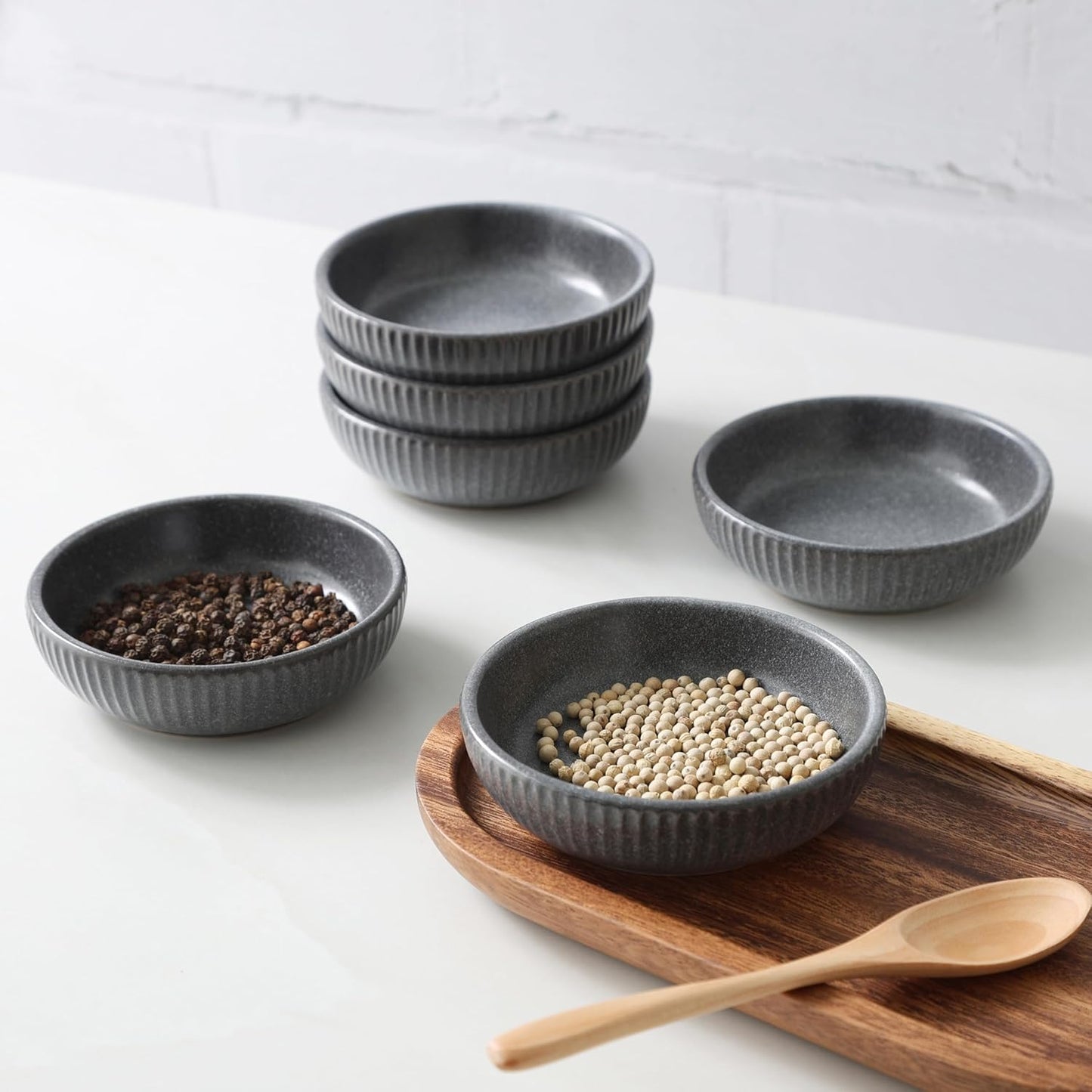 famiware Starlight Soy Sauce Dish Ceramic Dipping Bowls Set of 6, 3 oz Individual Dip Sauce Cups/Bowls/Dishes/Plates, Small Serving Bowl for Side Dishes, Dessert, Condiment, Matte Midnight Grey