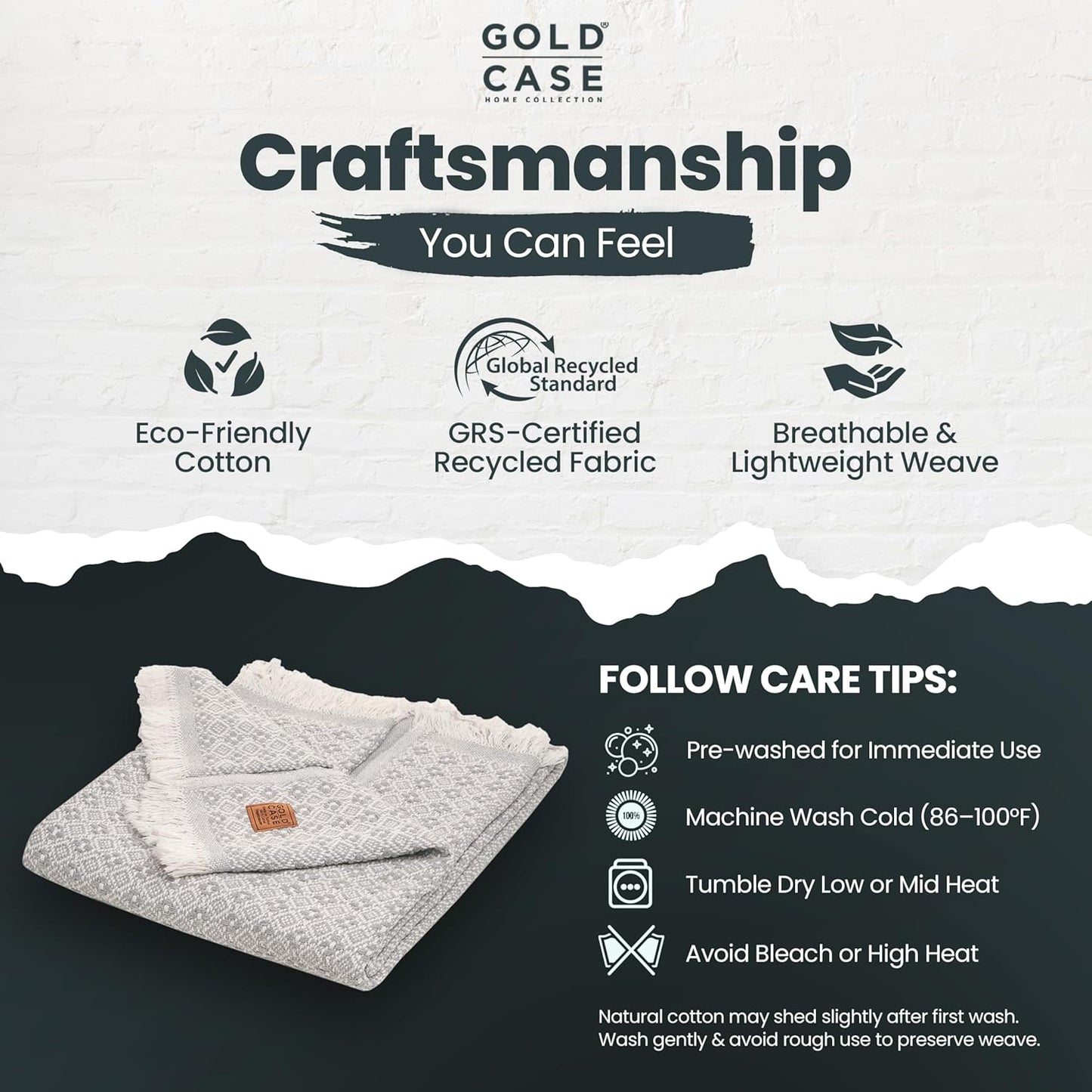 Gold Case Throw Blanket for Couch - 100% Recycled Turkish Cotton Blankets & Throws - Retro Soft Throw Blankets for Living Room - Boho Decorative Woven Couch Blanket - 50x60 - Grey