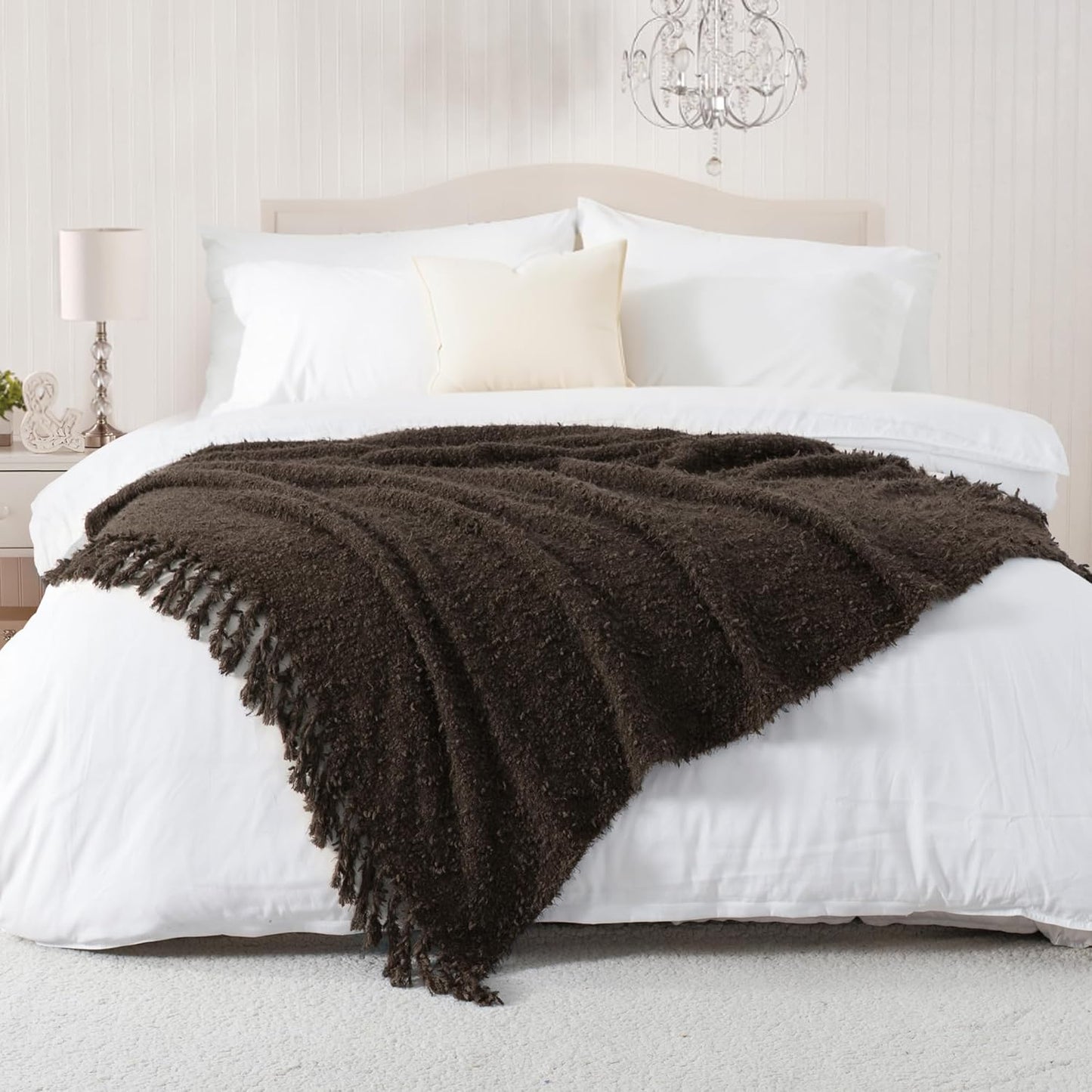 Knit Throw Blanket Fluffy Fuzzy Soft Lightweight Cozy Farmhouse Tassels Chunky Knitted Throws for Couch Sofa Bed (Brown, 60"x80")