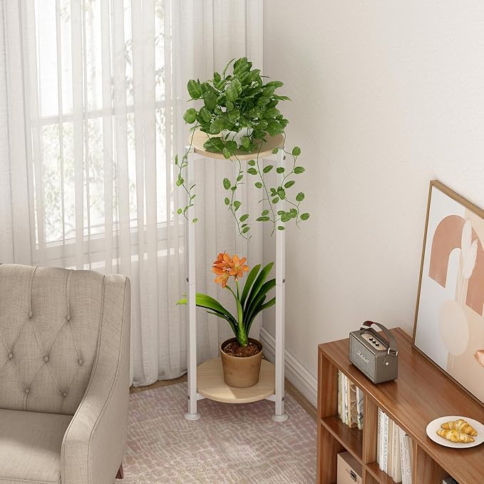 Plant Stand Indoor Corner Tall 2 Tier Metal Modern Flower Storage Plant Shelf Holder for Living Room Balcony Garden,White (2 Tier-White Round)