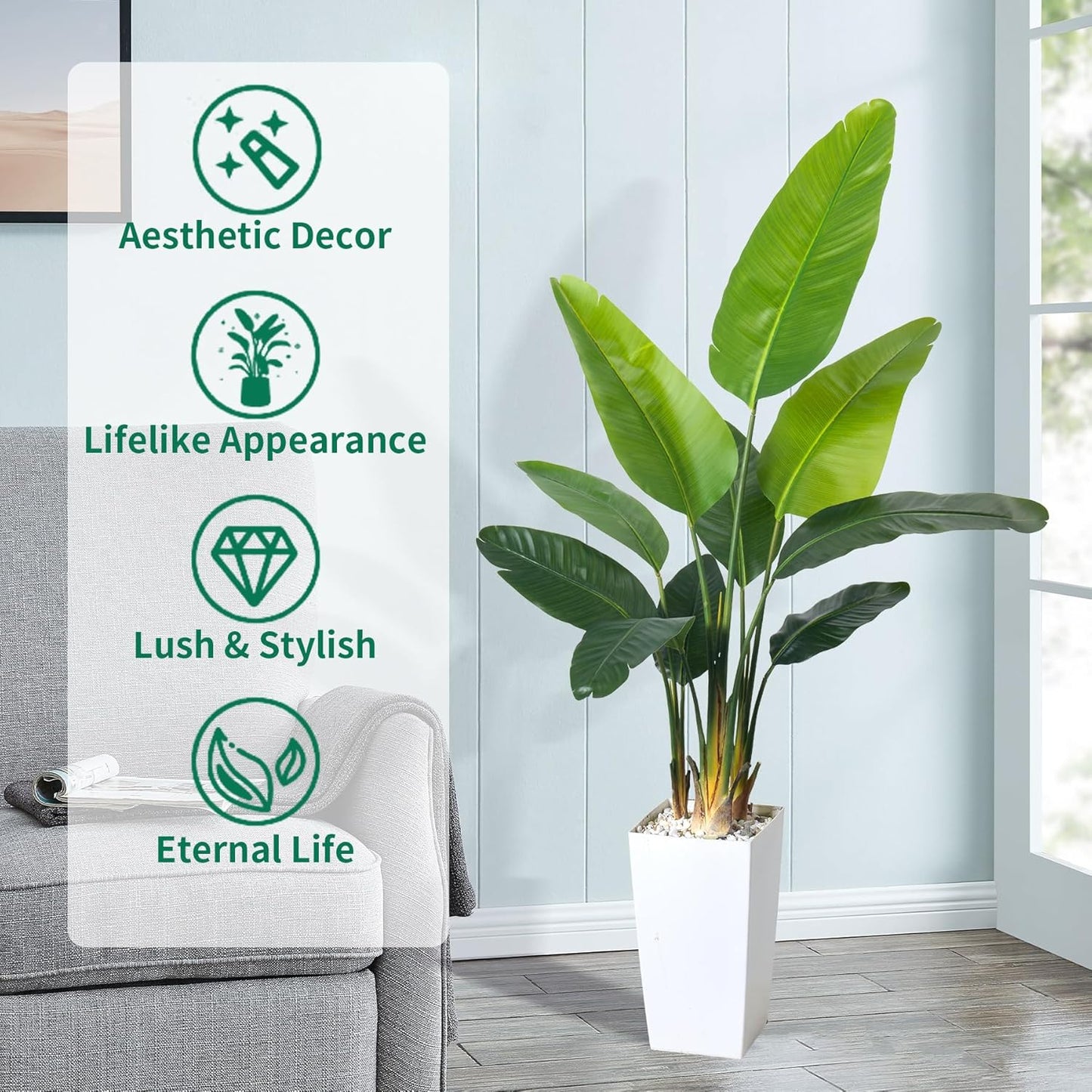 Bird of Paradise Artificial Plant 6FT, Faux Tropical Palm Tree with White Tall Planter, Large Fake Plants in Pot - Artificial Tree for Home Office Living Room Decor Indoor