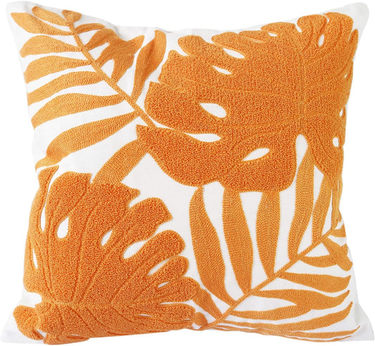 Embroidery Throw Pillow Covers 18x18 Home Decor Floor Pillow Cover for Couch Bed Chair 100% Cotton Loop Embroidered Orange Tropical Leaves Cushion Cover Square Pillowcase 45x45cm, 1 Piece