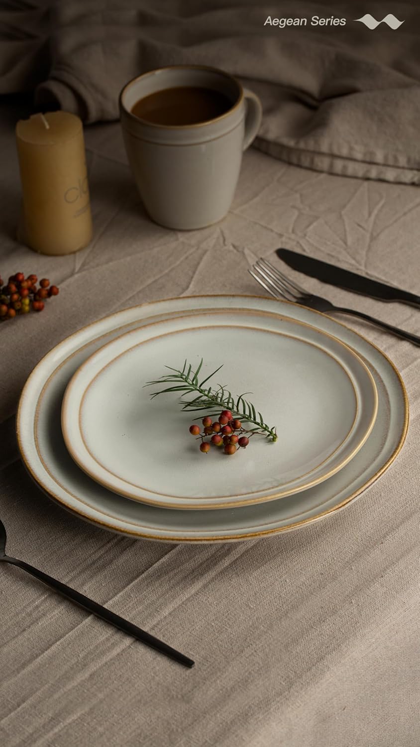 famiware Aegean Dinner Plates Set for 6, 10.5-Inch Scratch Resistant Stoneware Dinnerware Dish Set - Microwave and Dishwasher Safe, Reactive Glaze, Cappuccino White