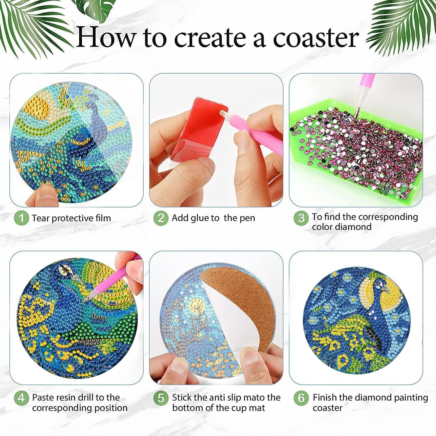 DOTSOPS 8 Pcs Animal Diamond Art Kits for Adults Diamond Art Coasters with Holder BeginnersCraft for Christmas Birthday(Peacock)