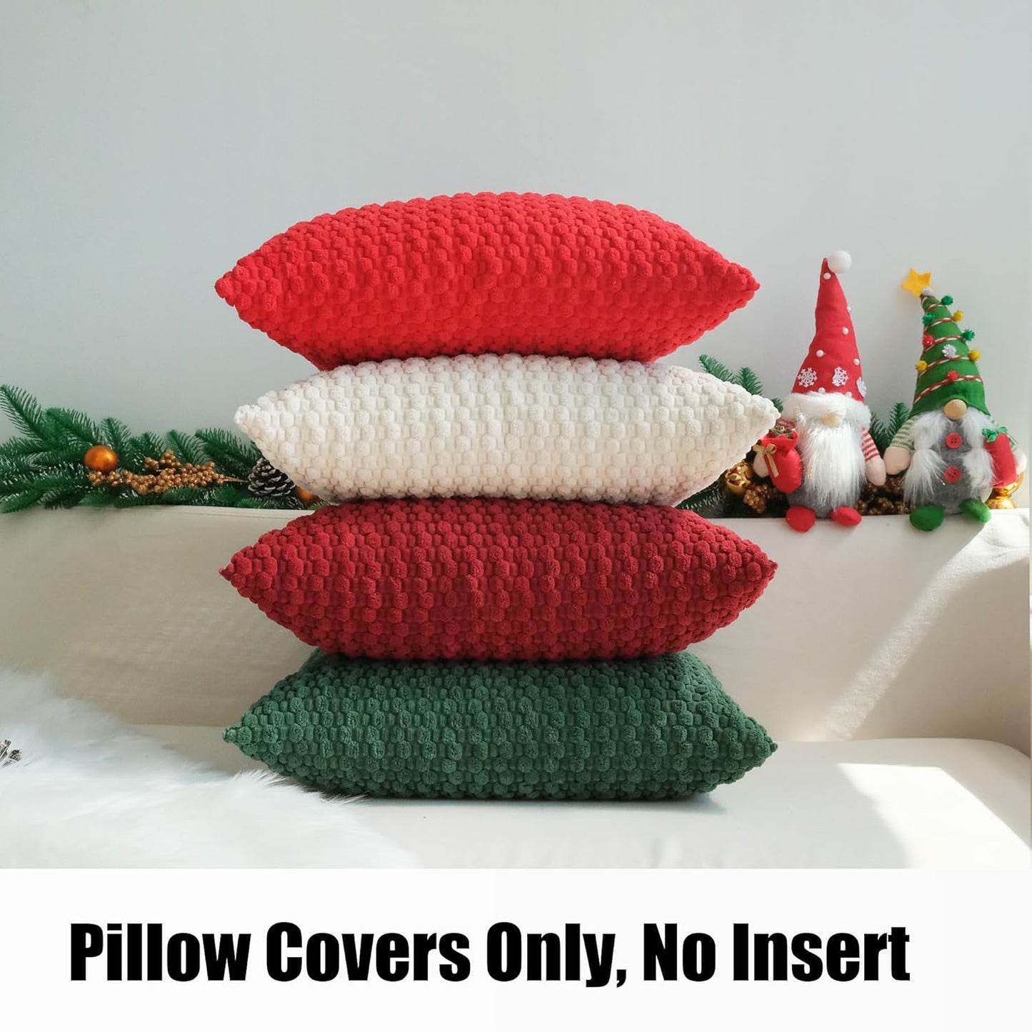 JOJUSIS Pack of 4 Christmas Decorative Throw Pillow Covers Farmhouse Boho Home Decor Striped Corduroy Square Pillowcases 18 x 18 Inch Christmas Red Green Burgundy Cream White