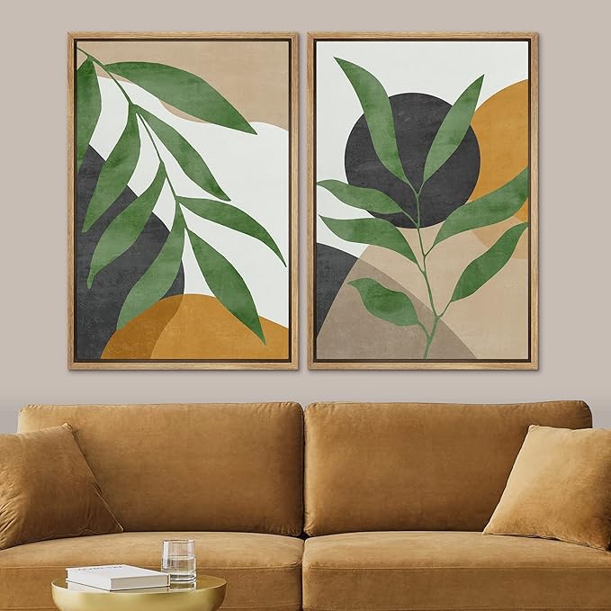 SIGNFORD Framed Canvas Print Wall Art Set Geometric Mid-Century Plant Collage Abstract Shapes Illustration Modern Art Decorative Nordic Nature for Living Room, Bedroom, Office - 16"x24"x2 Natural