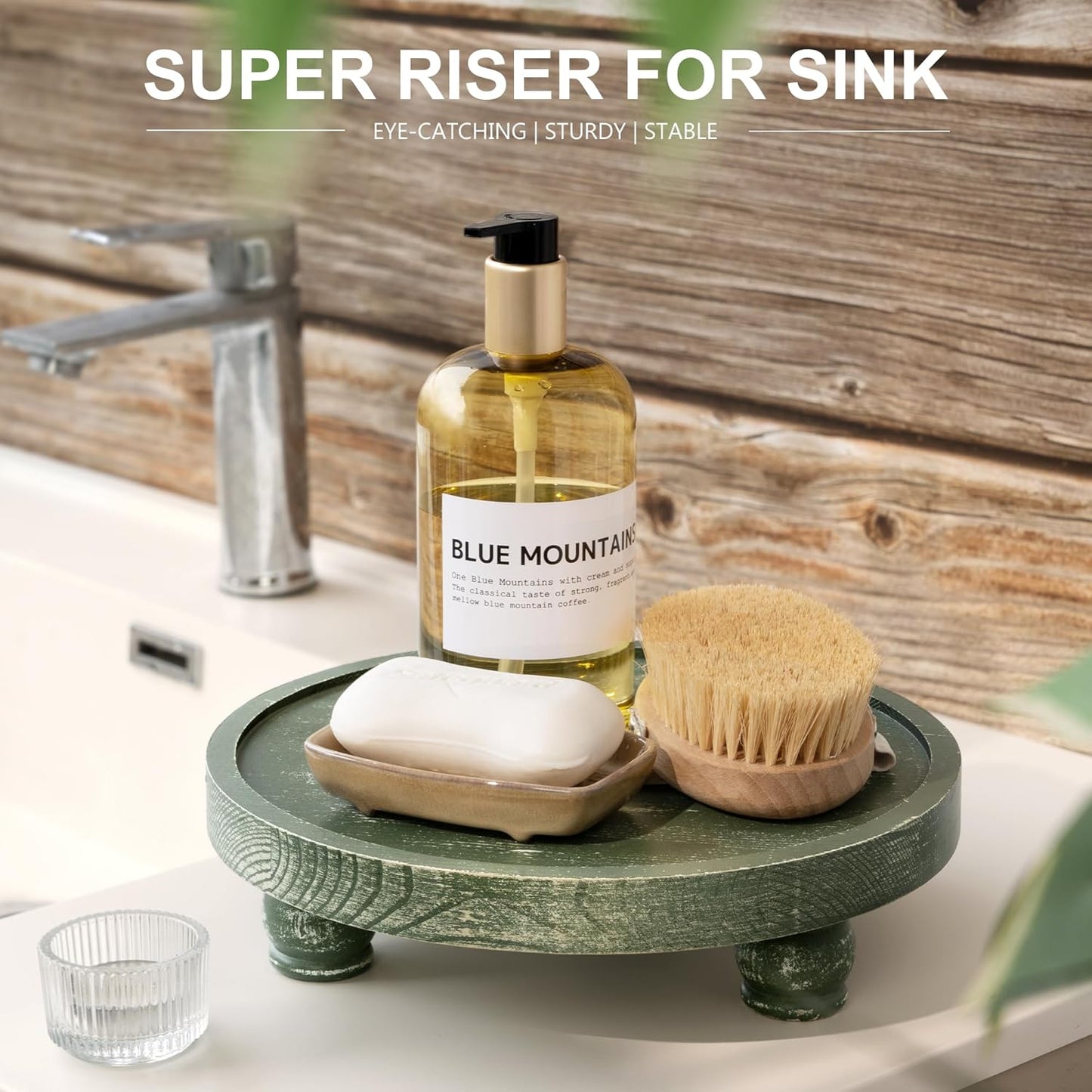 EOSAHR Farmhouse Pine Wood Riser for Home Decor – Round Pedestal Stand for Coffee Table & Kitchen Sink – Stylish Display Stand for Dish Soap Dispenser, Candles, Plants, and Cupcakes (Green)