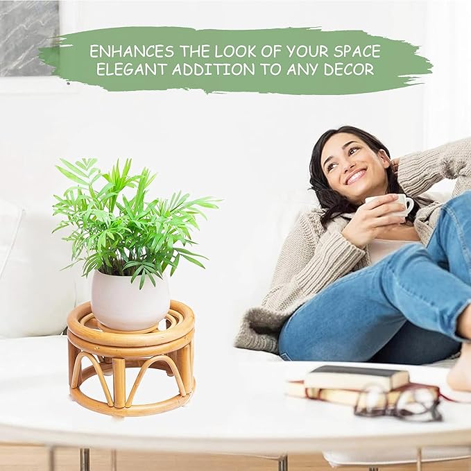 Set of 2 Small Boho Rattan Wicker Round Riser Plant Stand Indoor,Rustic Farmhouse Natural Wooden Circle Pedestal for Decor & Display, Tabletop, Office Decor