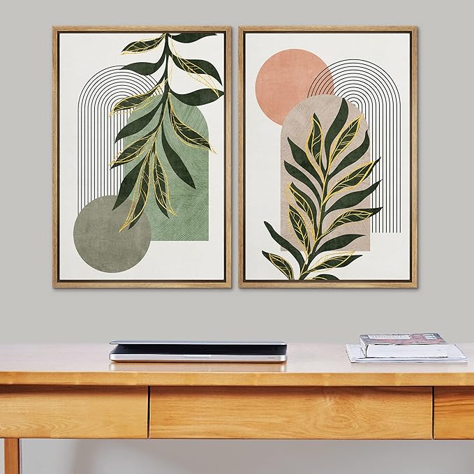 SIGNFORD Framed Canvas Print Wall Art Set Jungle Palm Leaf Geometric Polygons Abstract Shapes Illustration Modern Art Decorative Nordic Nature for Living Room, Bedroom, Office - 16"x24"x2 Natural
